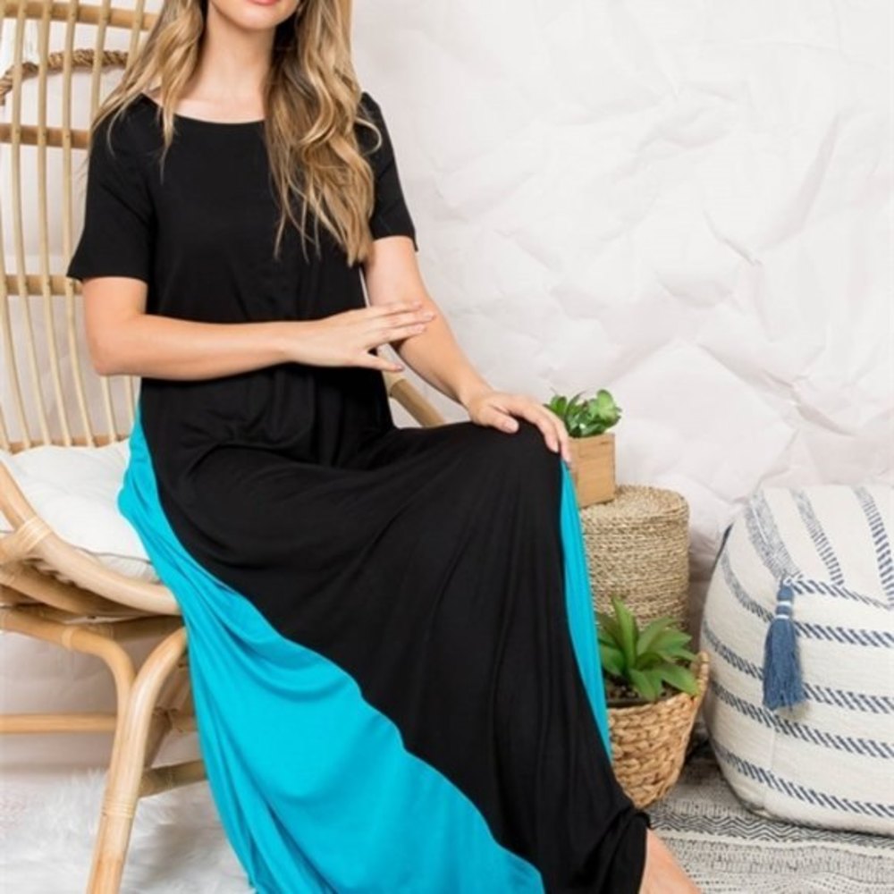 Miracle Berry Small Short Seeve O’ Neck Long Maxi Fit Flare Teal Black Dress